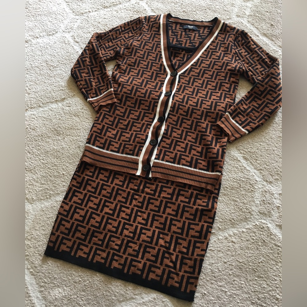 Fendi Three piece women’s set. Cardigan, crop top, and mini skirt.